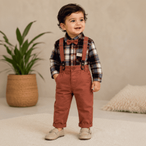 Checked Shirt & Trouser Set for Baby Boys | Bow Tie & Suspenders