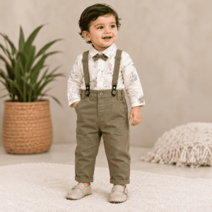Printed Shirt & Trouser Set for Baby Boys | Bow Tie & Suspenders