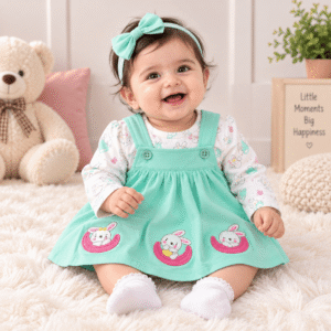 Rabbit Embroidered Pinafore Dress for Baby Girls | Printed Full Sleeves Inner